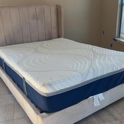Queen Ivory Upholstered Platform Bed, With Mattresses & Bedding (READ PICKUP DETAILS IN DESCRIPTION)