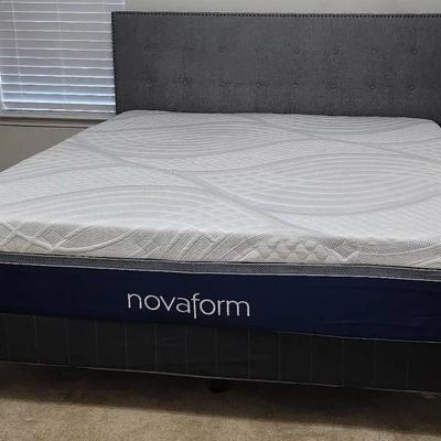 CA King NovaForm Mattress & Bedding, and Gray Tufted Headboard (See PICKUP DETAILS in DESCRIPTION)