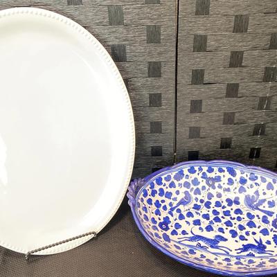Italian Arabesco Design Platter (some chips) & Hobnail Edged White Ceramic Platter