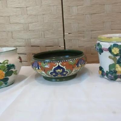 Vintage Italian Floral Pots and Gouda Holland Pottery Planter/Bowl (some chips)