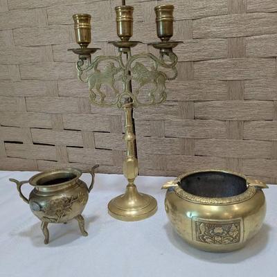 Brass Candelabra, Cauldron and Ashtray