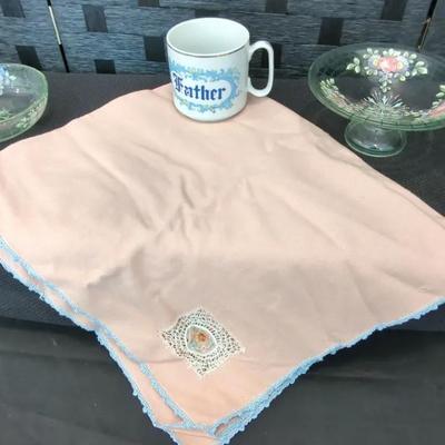 Vintage Floral Glass Dishes, Tablecloth with Crocheted Decor, & Father Coffee Mug