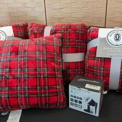 7 Haven & Key Printed Velvet Sherpa Pillows (18" x 18") and Snowflake Projection Light