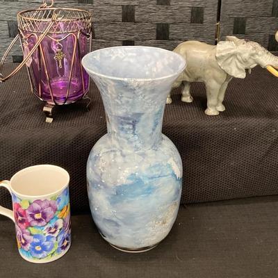 Blue Painted Vase, Bone China Pansy Mug & Metal Paper Weight Elephant 