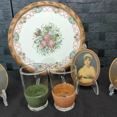 Miniature Portraits, Antique Floral Platter (Marie Antoinette) and Glasses