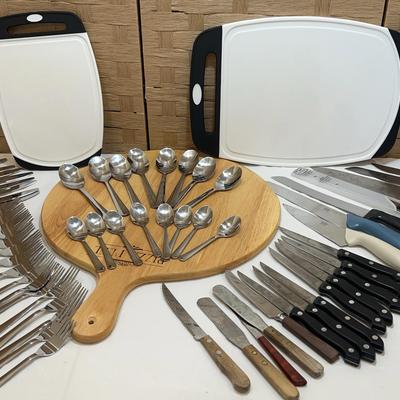 Variety of Knives, IKEA Stainless Flatware, Cutting Boards & Pizza Board