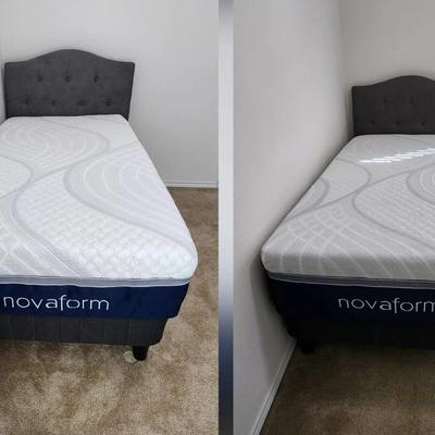 Pair of Twin Beds, Gray Fabric Tufted Headboards, Sheets & Mattresses (PICKUP DETAILS in DESCRIPTION