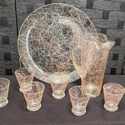 8 Piece Pink and Gold Drizzle Glass Serving Set