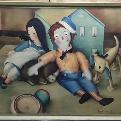 Vintage Lithograph Print of Raggedy Ann & Andy with Toys