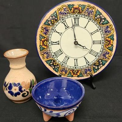 Talavera Time - Ceramic Clock & Bowl + Tasteful Tonala Vase From Mexico