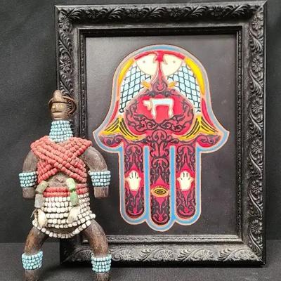 Fascinating Framed Ceramic Hamsa Artpiece And Namji Fertility Doll