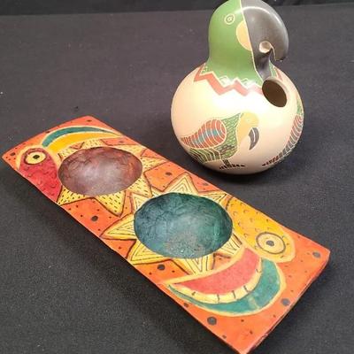 Prized Parrots: Boho Folk Art Tray + Señor Vidal Corona Master Artist Mata Ortiz Handcrafted Piece