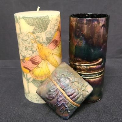 Calming Candle, Elegant Esteban Prieto Tumbler/Vase, And Raku Square Inner Spirit Rattle
