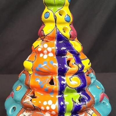 Festive Fiesta: Hand Painted Talavera Ceramic Christmas Tree Signed Juana Ponce