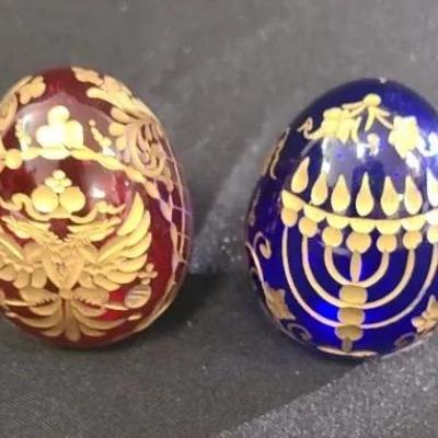 Regal Russian Eggs In Ruby-Tone And Classic Cobalt Blue With Golden Accents 