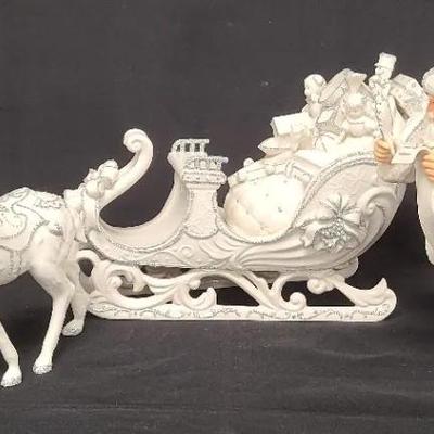 Stunning Sleigh With Santa And Solo Reindeer - Pristine Porcelain Holiday Decor, NIB