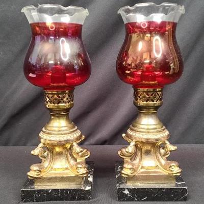 Ravishing Ruby Tone Hurricane Lamps With Gorgeous Golden and Natural Stone Accents