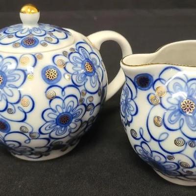 Blooming Blue And Gold Russian Porcelain Cream & Sugar Set