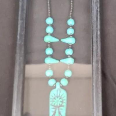 Trendy Tribal Turquoise-Tone Necklace With Carved Pendant And Silver-Tone Beads, Framed