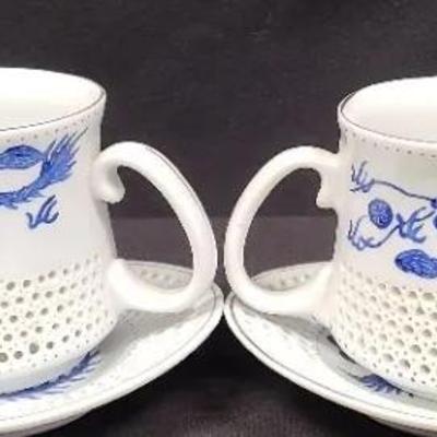 Blue Dragon Motif "Can" Cups And Saucers - For Coffee/Tea With A Touch Of Far East Flair