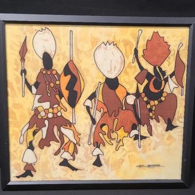 Tribal Traditions - African Batik Art Featuring Dramatic Dancers Signed By K. Musa
