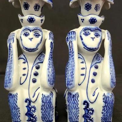 Hear No Evil Blue Chinoiserie Monkey Candlestick Set
