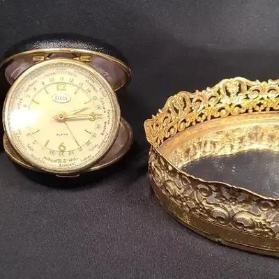 Vintage Vanity Topper Tray With Two Tasteful Travel Clocks That Tuck Away For Packing