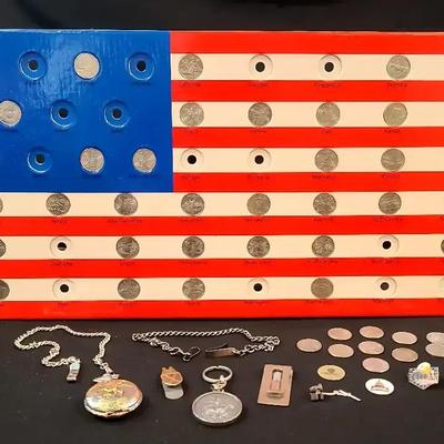US State Quarters Display with Pocket Watch, Money Clips and Pins
