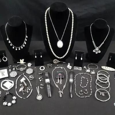 Pearl, Rhinestone And Silvertone Jewelry 