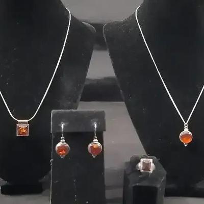 .925 Amber Necklaces, Earrings And Ring