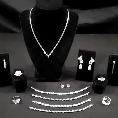 Rhinestone Necklace, Bracelets, Rings And Earrings 