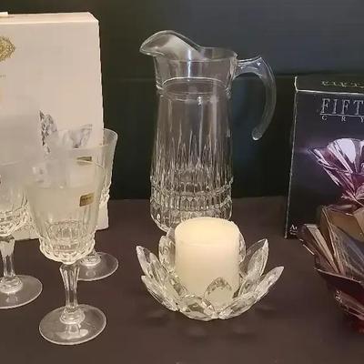 Crystal Glasses, Candle Holder, Pitcher and Vase Featuring Godinger