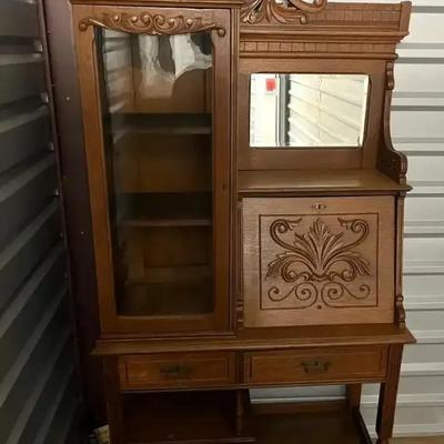 Vintage Wooden Secretary Cabinet with Mirror and Glass Display