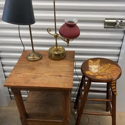 Wood Side Table with Two Vintage Brass Lamps & Hand-Painted Cat Stool