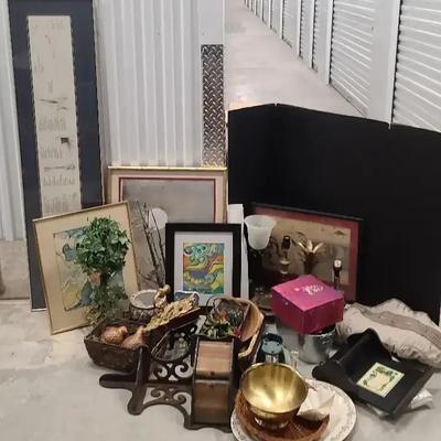 Home Décor Featuring Framed Art, Brass Bowl, Wooden Shelf and Accent Pieces
