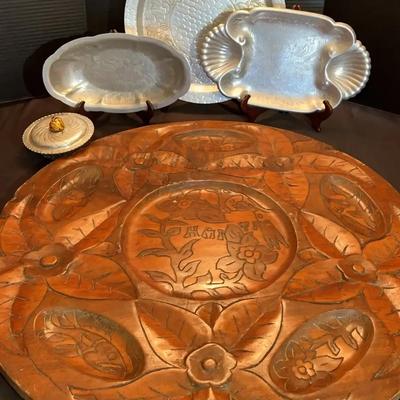 Carved Wooden Decorative Panel With Aluminum Serving Trays