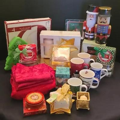 Christmas Gold and Red Chargers, Candles, Mugs and More