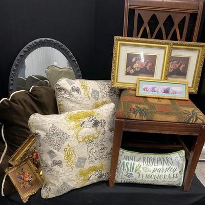 Side Chair, Pillows, Framed Art and Oval Mirror