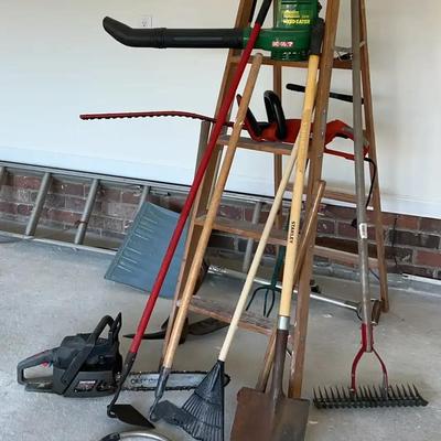 Two Ladders, Power & Hand Tools Featuring Craftsman Chainsaw