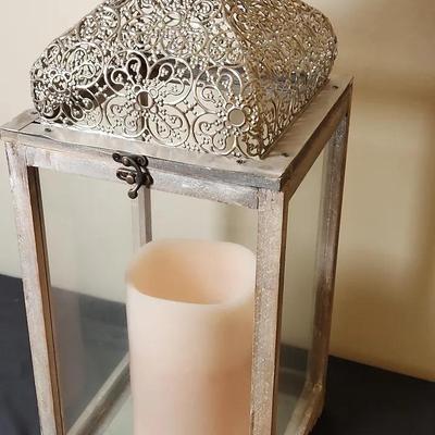 Rustic Wood Lantern with a Distressed Finish and a Decorative Pierced Metal Top 