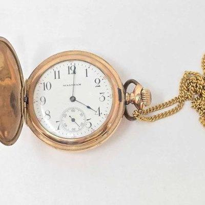 370 • 10k gold with diamond waltham pocket watch, 68.0g