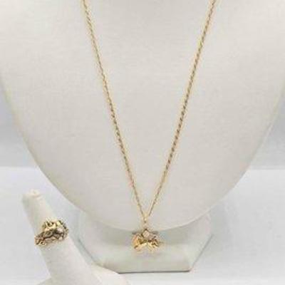 234 • 14kt gold and diamond necklace & ring set, 9.4g