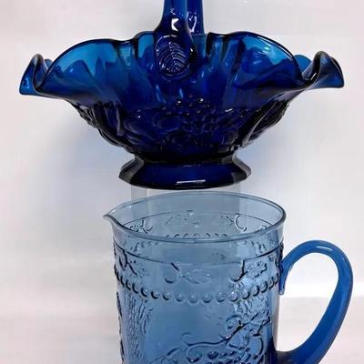 Vintage Cobalt Blue Pressed Glass Pitcher & Fruit Basket 