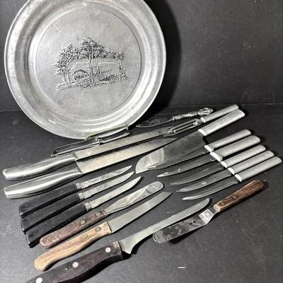 Pewter Tray with Lot of Knives & Spreaders 