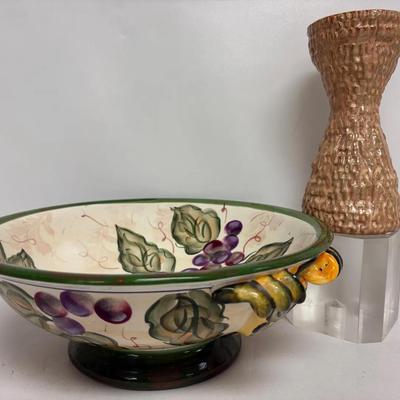 Decorative Fruit Bowl and Textured Ceramic Candle Holder 
