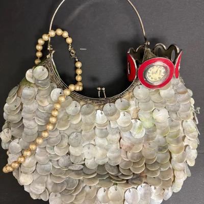 Vintage Purse, "Geneva" Red Watch & Cream Beaded Necklace 
