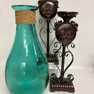 Fleur-de-Lis Candle Holders & Large Turquoise Balloon Vase Set