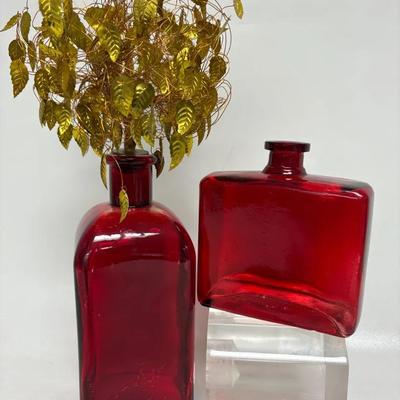 Red Glass Vases & Mid-Century Gold Leaf “Dream Tree” Stopper