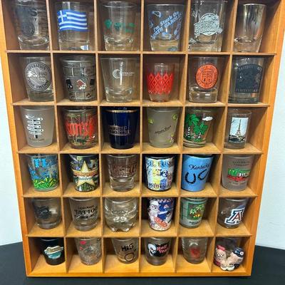 36 Shot Glasses & Wooden Display Case