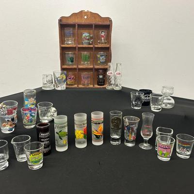 33 Shot Glasses, 2 Small Pepsi Bottles & Wooden Display Case